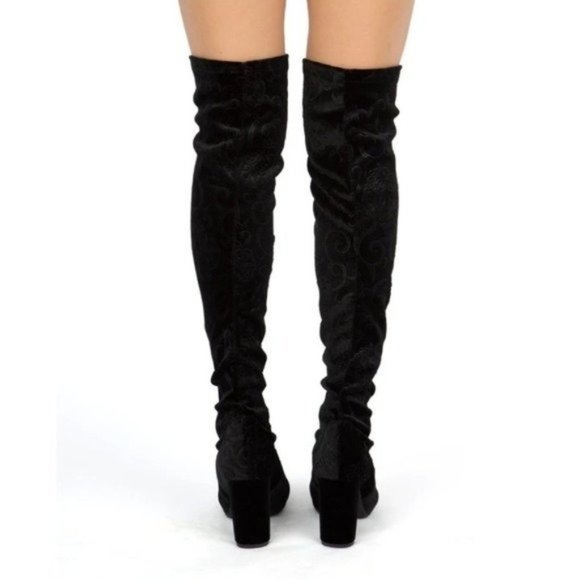 5.5/6/6.5/7 Black embroidered over the knee boots chunky block heel velvet - Picture 3 of 8